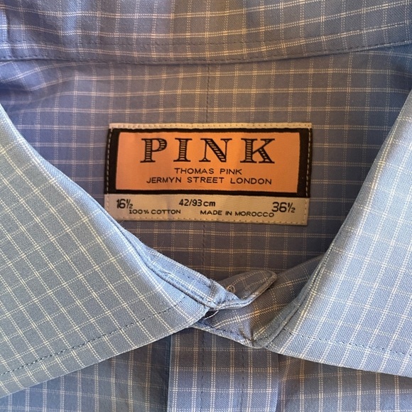 Thomas Pink Blue & White Check Button-Down Dress Shirt. French Cuff Sz 16.5-36.5 - Picture 4 of 9